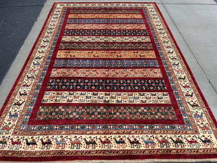 7x10 (215x305) Afghan Handmade Rug | Brick Red Ivory Cream Midnight Denim Blue Burnt Orange Pine Green Caramel Chocolate Brown | Turkish