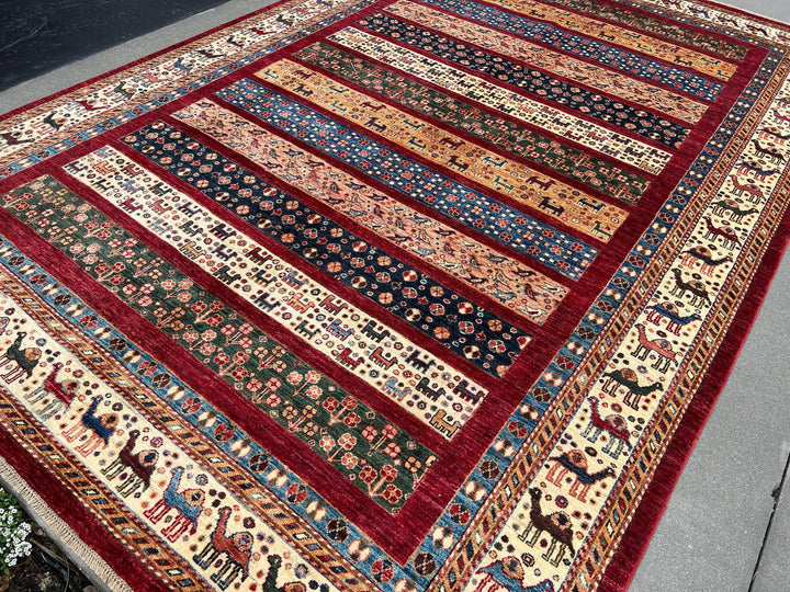 7x10 (215x305) Afghan Handmade Rug | Brick Red Ivory Cream Midnight Denim Blue Burnt Orange Pine Green Caramel Chocolate Brown | Turkish