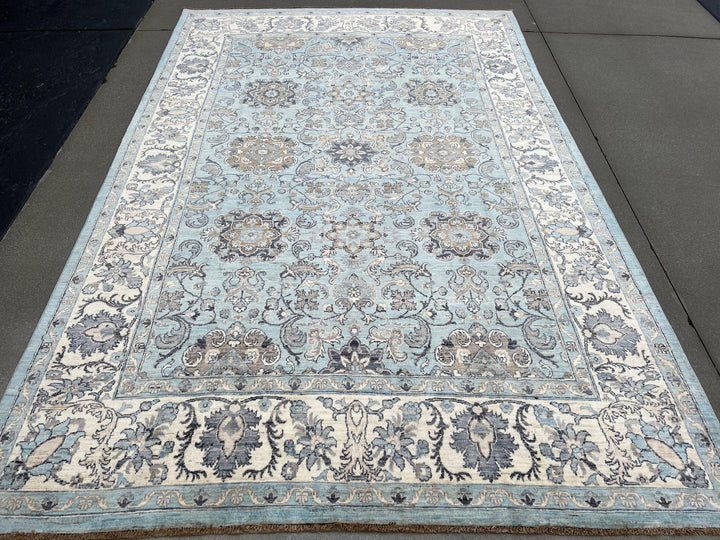 7x10 Afghan Handmade Rug | Neutral Turquoise Blue Ivory Cream Beige Grey Gray Golden Brown | Persian Heriz Serapi Wool Hand Knotted