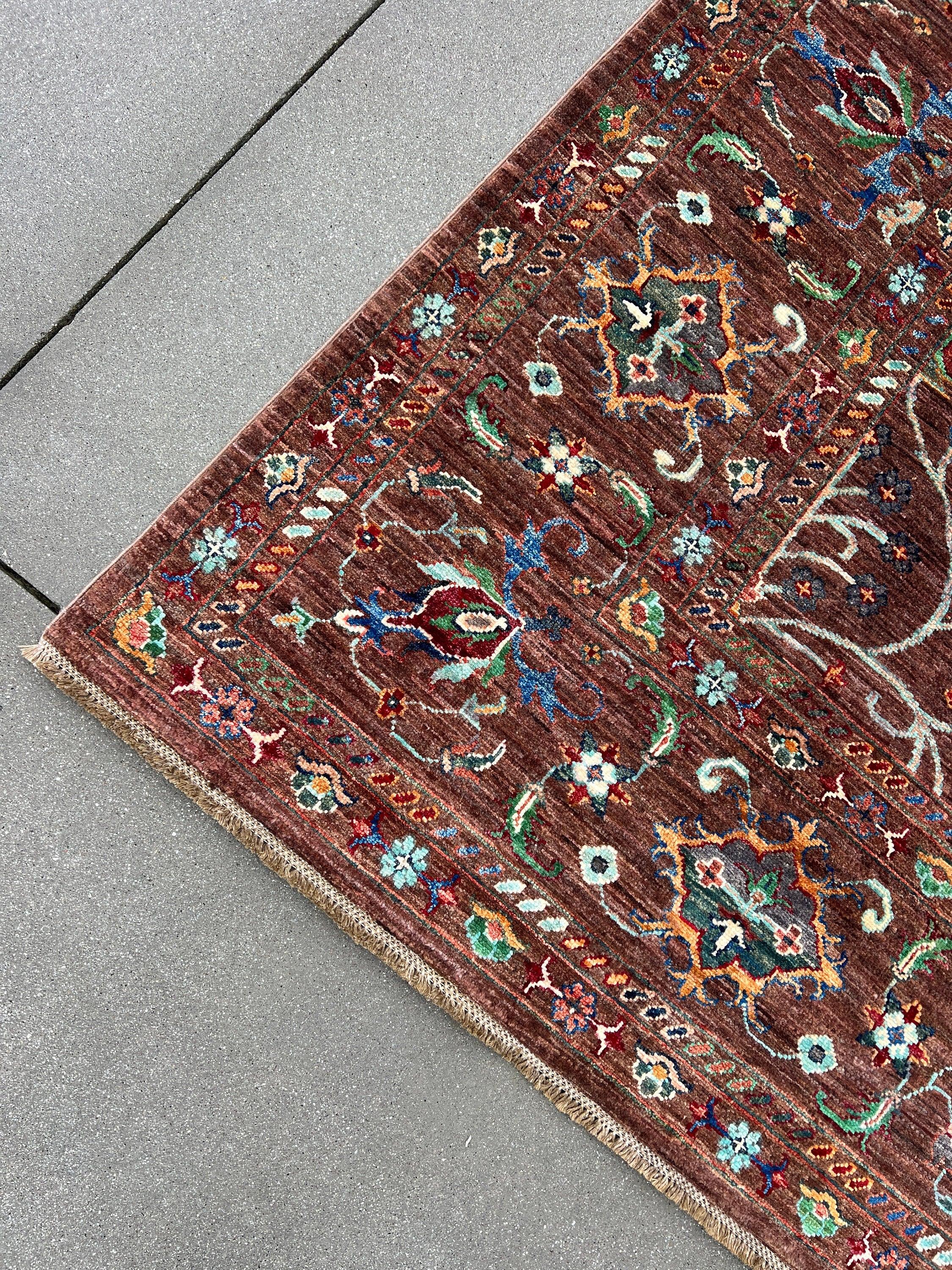 7x10 (215x305) Handmade Afghan Rug | Chocolate Brown Turquoise Teal Caramel Blue Burnt Orange Red Ivory Grey Pine Fern Dark Green Wool Boho