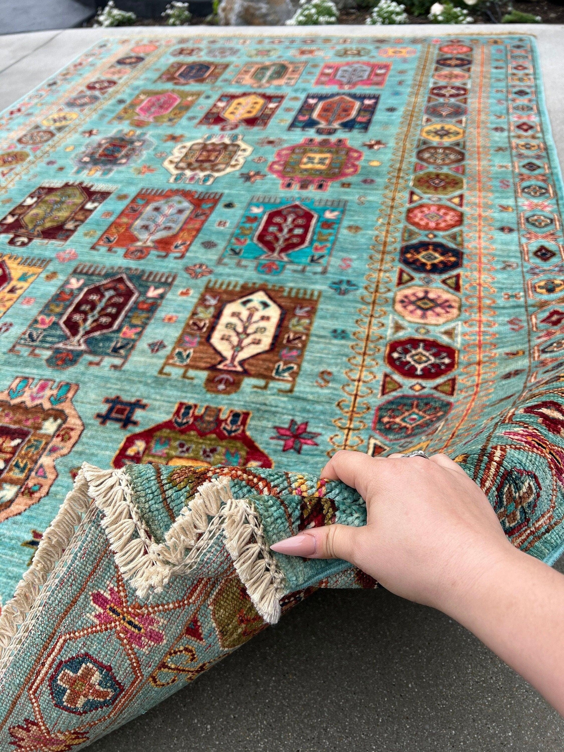 6x8 Fair Trade Handmade Afghan Rug | Turquoise Teal Brick Red Orange Caramel Brown Forest Moss Green Beige Ivory Cream Pink Midnight Blue