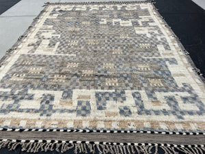 9x14 Handmade Afghan Moroccan Rug | Grey Cream Ivory Denim Blue Beige Black  | Berber Beni Ourain Mrirt Boujad Flokati Wool