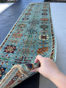 3x10 (90x305) Handmade Afghan Runner Rug | Denim Navy Blue Forest Green Orange Brick Red Ivory | Turkish Moroccan Oriental Persian Wool Boho