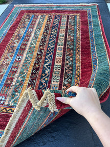 3x5 Fair Trade Handmade Afghan Rug | Brick Red Teal Saffron Garnet Red Midnight Blue Chocolate Brown Denim Blue Tan Orange Fern Green Tribal