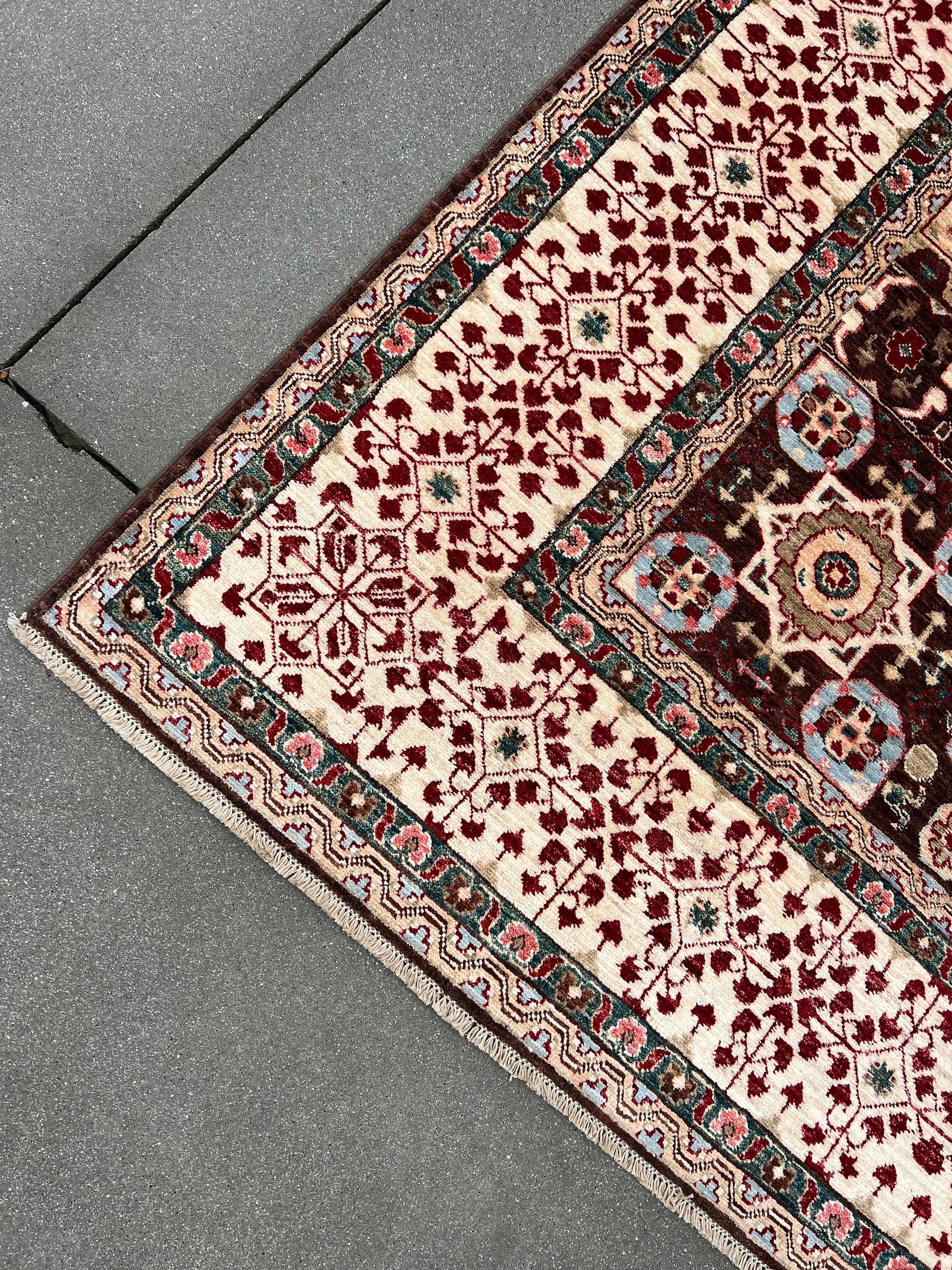 7x10 Handmade Afghan Rug | Chocolate Brown Brick Crimson Red Cream Beige Ivory Baby Blue Forest Green Golden Brown | Mamluk Medallion Heriz