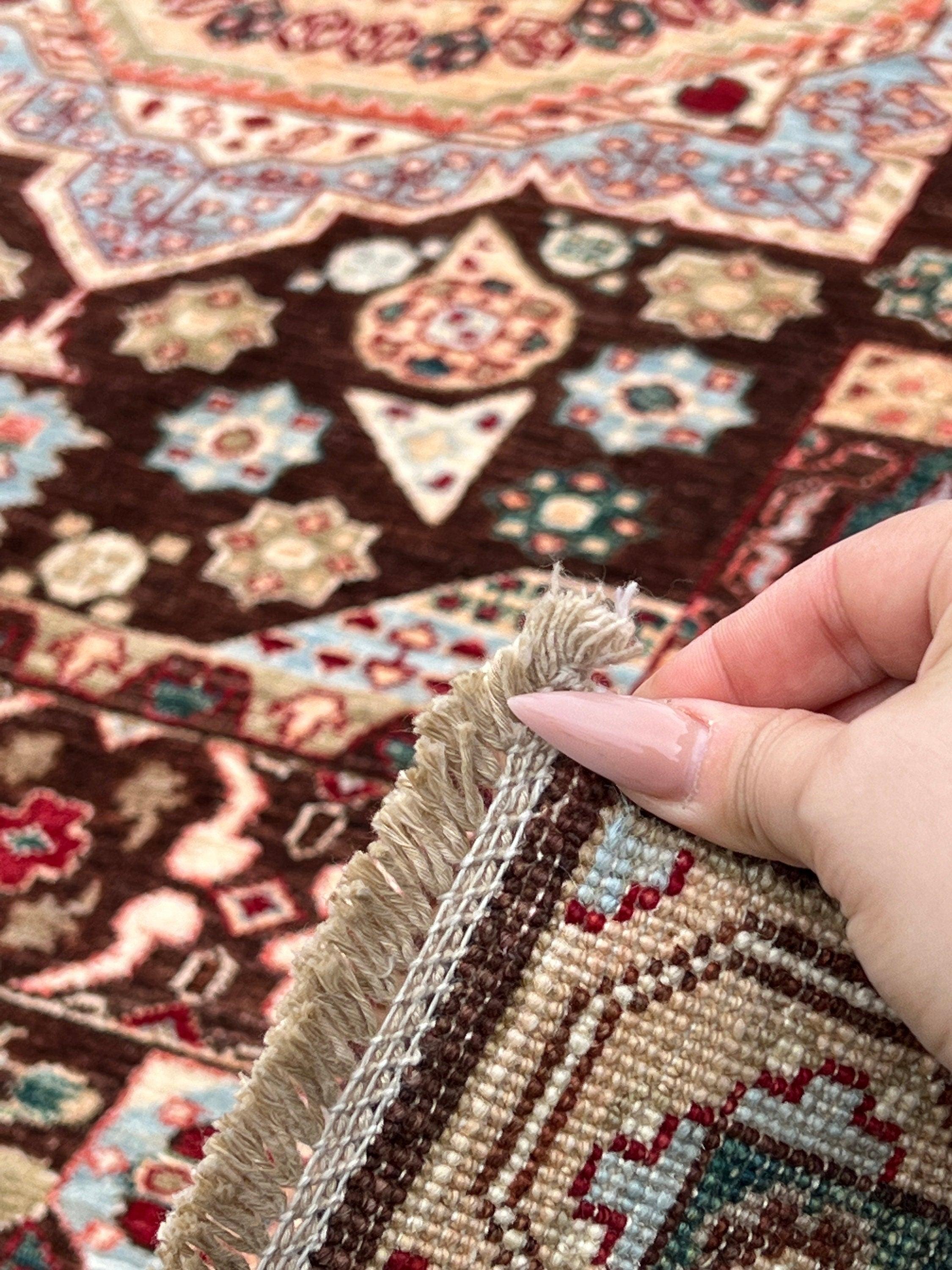 7x10 Handmade Afghan Rug | Chocolate Brown Brick Crimson Red Cream Beige Ivory Baby Blue Forest Green Golden Brown | Mamluk Medallion Heriz