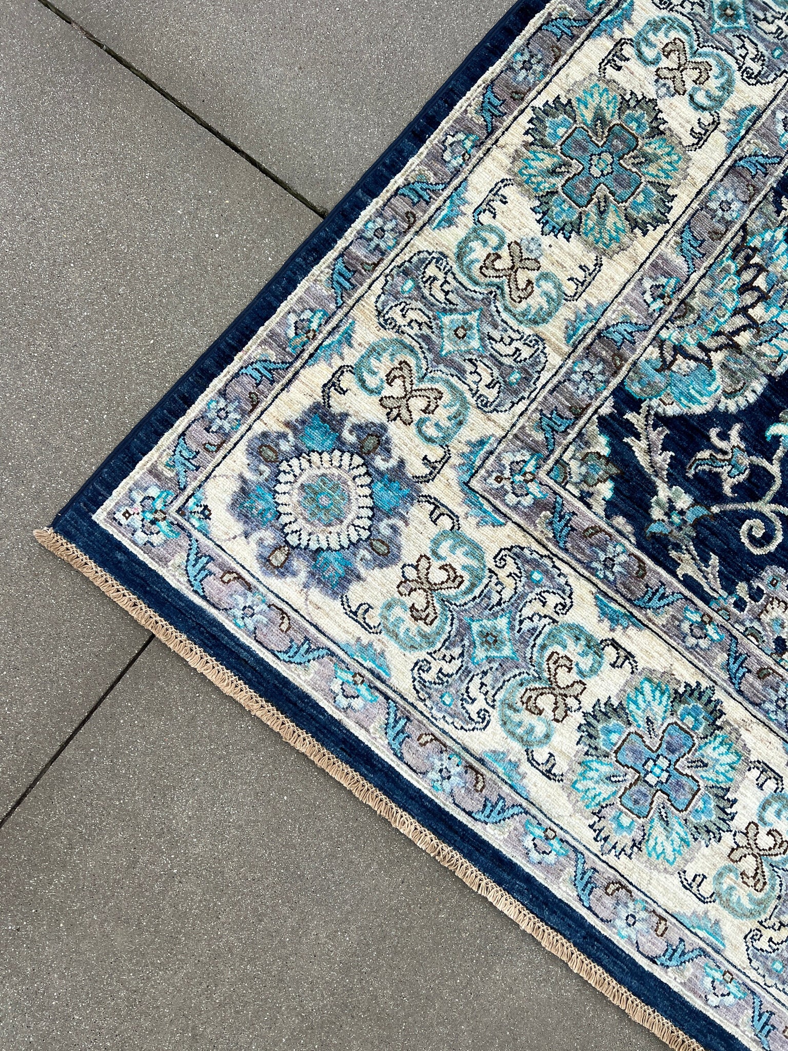 8x11~8x12 Handmade Afghan Rug | Navy Blue Turquoise Ivory Cream Beige Grey Brown Green | Turkish Oushak Hand Knotted Wool Floral Woolen