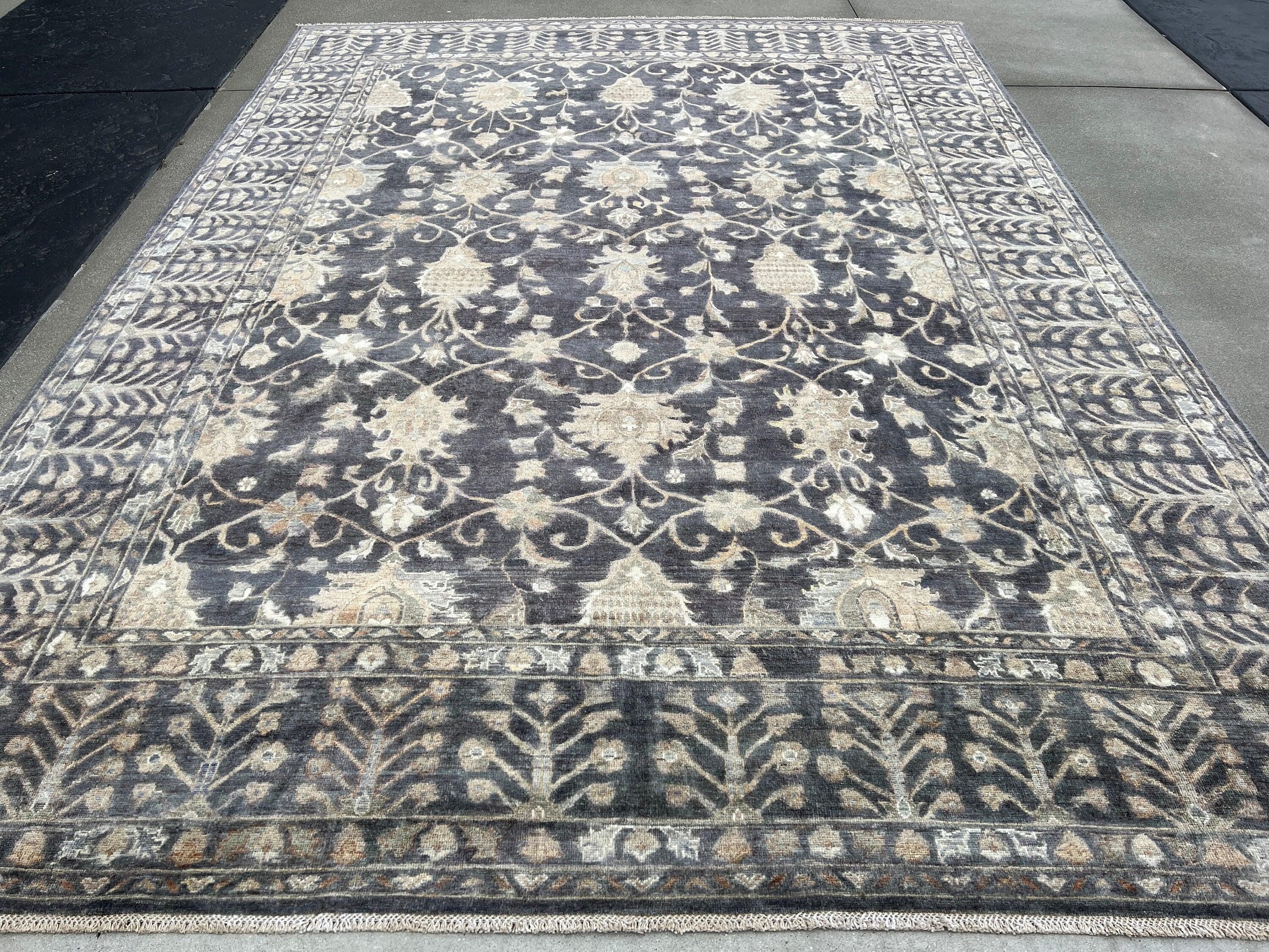 9x12 Handmade Afghan Rug | Neutral Charcoal Grey Beige Cream Ivory Brown | Turkish Oushak Hand Knotted Wool Boho Tribal Bohemian Moroccan