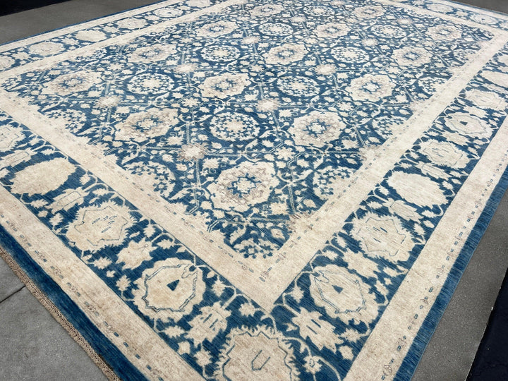 10x14 Handmade Afghan Rug | Denim Blue Cream Beige Gold Ivory Light Grey Brown | Turkish Oushak Boho Hand Knotted Persian Heriz Serapi