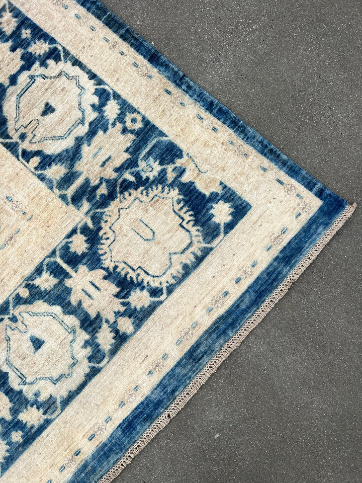 10x14 Handmade Afghan Rug | Denim Blue Cream Beige Gold Ivory Light Grey Brown | Turkish Oushak Boho Hand Knotted Persian Heriz Serapi