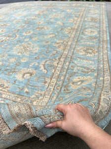 9x12 (275x365) Handmade Afghan Rug | Muted Pastel Sky Baby Blue Beige Cream Taupe Brown Grey Gray | Turkish Oushak Persian Oriental Bohemian