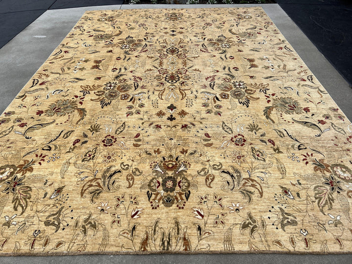 9x12 Handmade Afghan Rug | Beige Sage Green White Black Wine Red Caramel Golden Brown Grey Gray | Hand Knotted Wool Boho Tribal Flowers