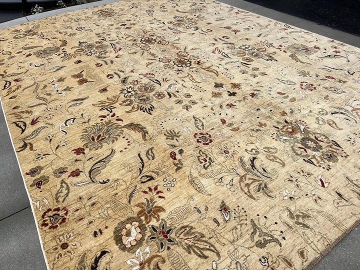 9x12 Handmade Afghan Rug | Beige Sage Green White Black Wine Red Caramel Golden Brown Grey Gray | Hand Knotted Wool Boho Tribal Flowers