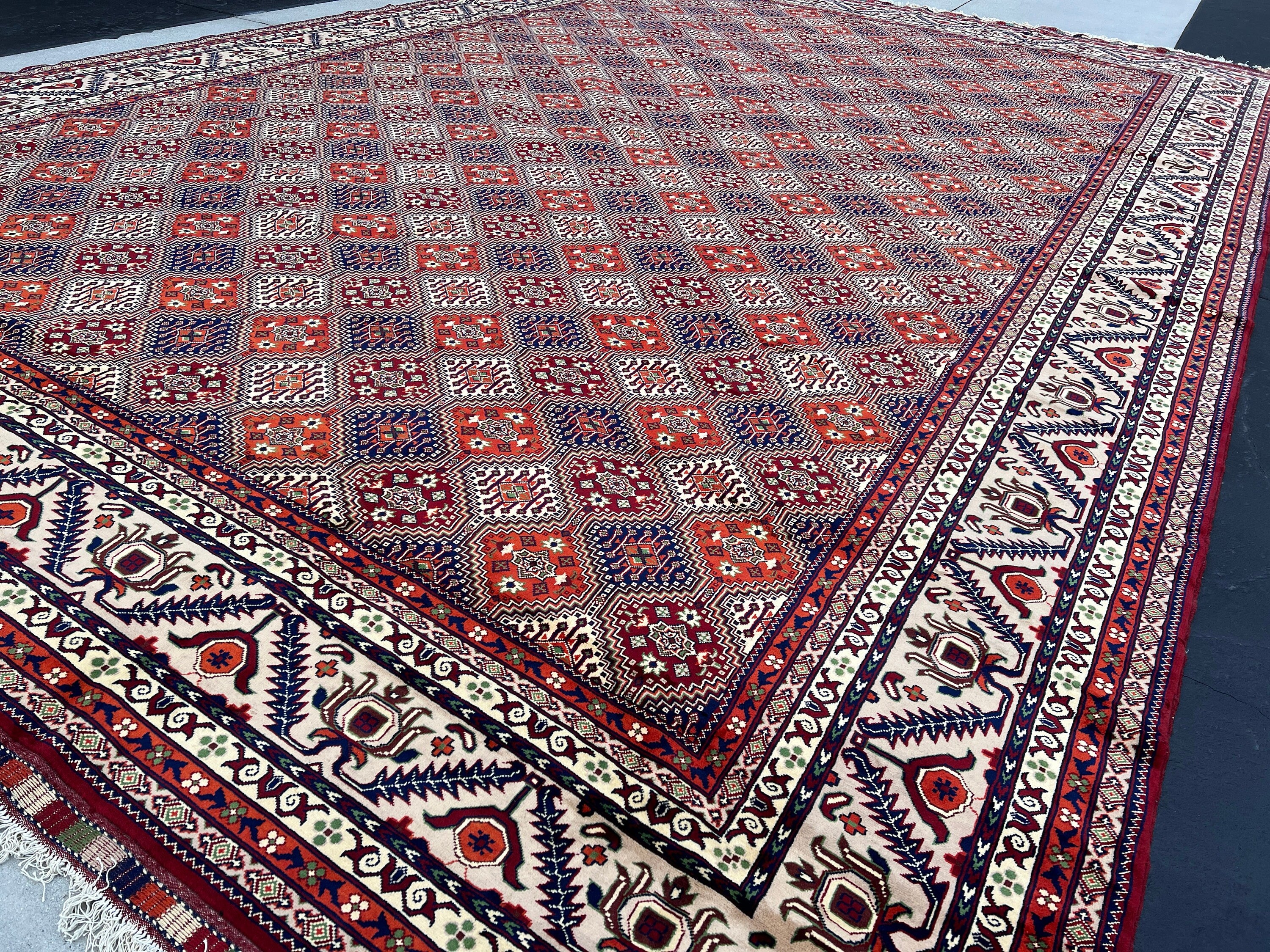 13x20 Handmade Afghan Rug | Red Maroon Blood Orange Royal Blue Green Teal Turquoise Cream Beige  | Turkish Oushak Boho Bohemian