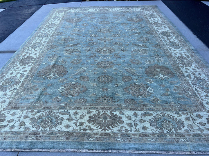 10x14 Fair Trade Handmade Afghan Rug | Muted Neutral Teal Blue Cream Beige Ivory Dirty White | Turkish Oushak Persian Heriz Serapi Floral