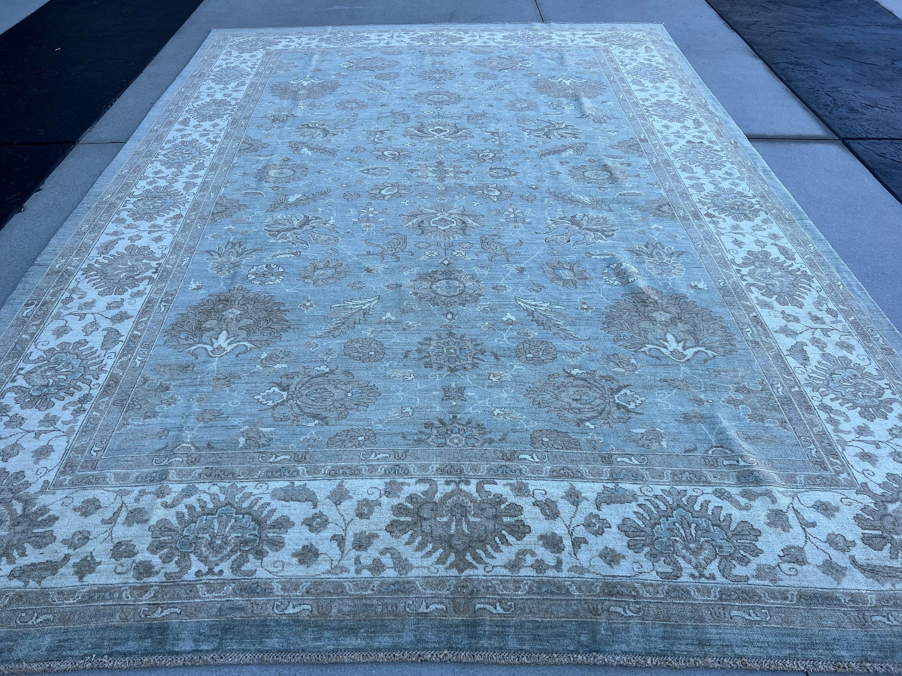 10x14 Fair Trade Handmade Afghan Rug | Muted Neutral Teal Blue Cream Beige Ivory Dirty White | Turkish Oushak Persian Heriz Serapi Floral