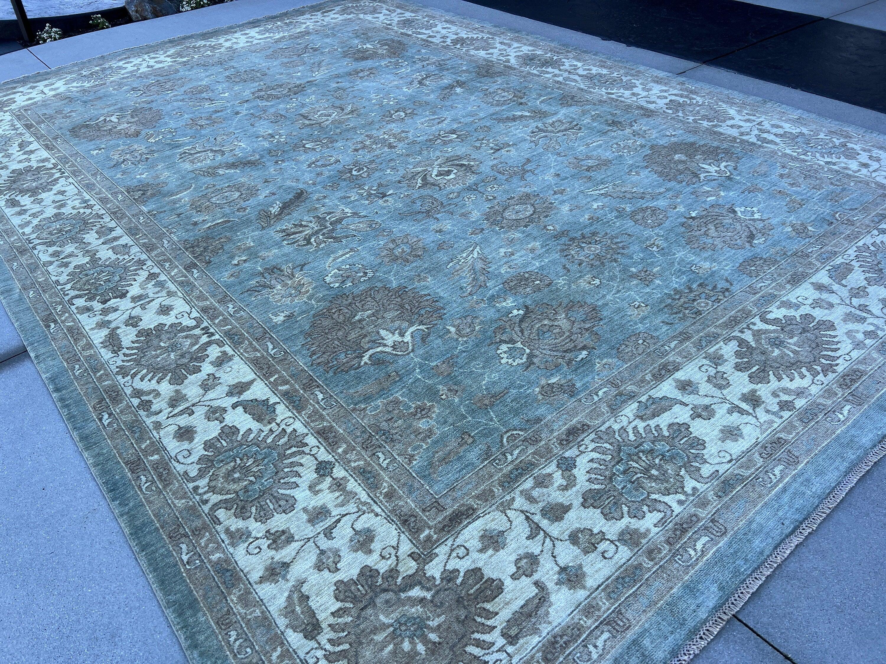 10x14 Fair Trade Handmade Afghan Rug | Muted Neutral Teal Blue Cream Beige Ivory Dirty White | Turkish Oushak Persian Heriz Serapi Floral