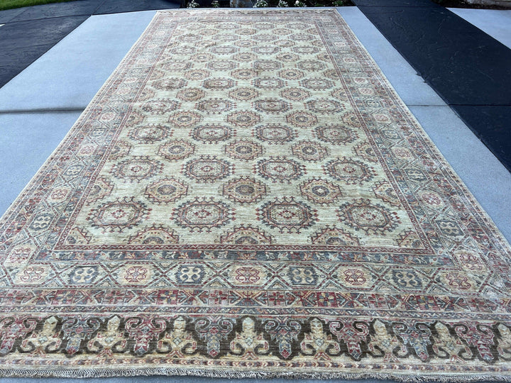 8x16 Handmade Afghan Rug | Neutral Beige Cream Rust Brown Olive Green Grey Red Tan Blue | Turkish Oushak Boho Bohemian Knotted Moroccan Wool