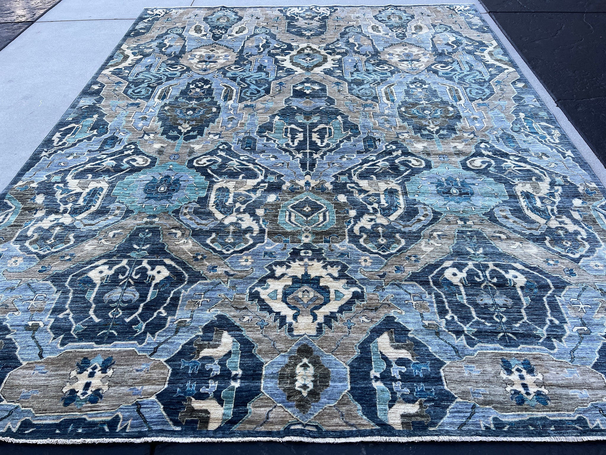 9x12 Fair Trade Handmade Afghan Rug | Charcoal Grey Beige Brown Blue Turquoise Cream Ivory  | Turkish Oushak Hand Knotted Persian Boho