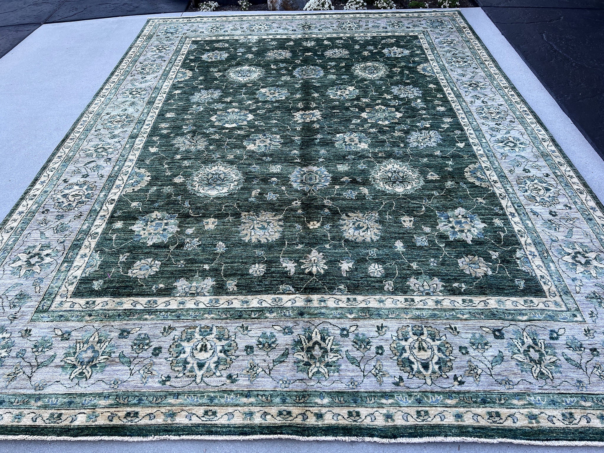 8x11 Handmade Afghan Rug | Forest Green Grey Cream Charcoal | Turkish Oushak Vintage Persian Tribal Floral Hand Knotted Wool Modern Tribal