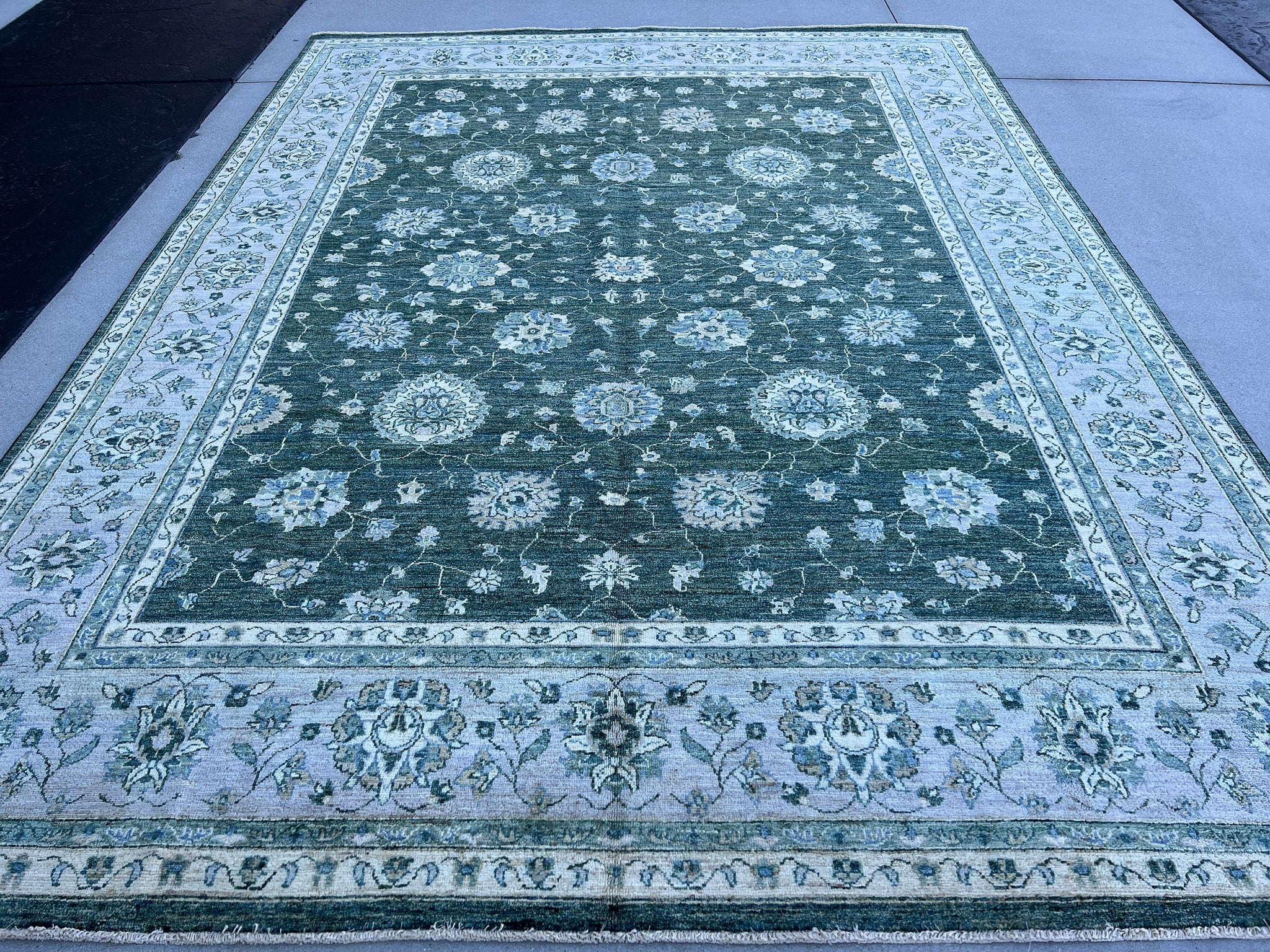 8x11 Handmade Afghan Rug | Forest Green Grey Cream Charcoal | Turkish Oushak Vintage Persian Tribal Floral Hand Knotted Wool Modern Tribal