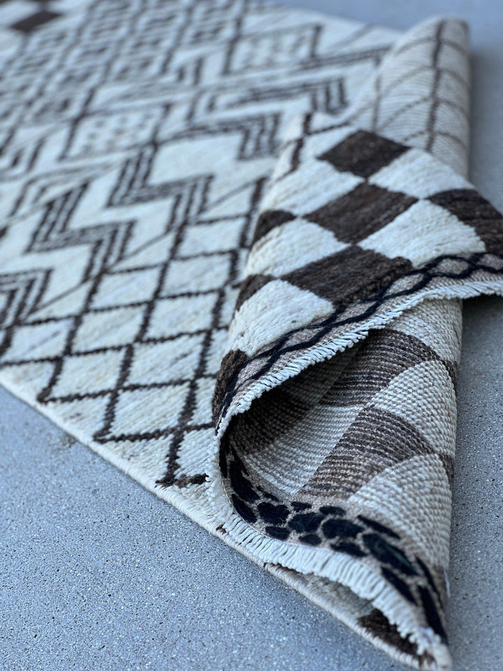 2X10 - 3X10 Handmade Afghan Moroccan Rug Runner | Cream Ivory Black | Berber Beni Ourain Wool Woolen Boho Bohemian Tribal Traditional Modern