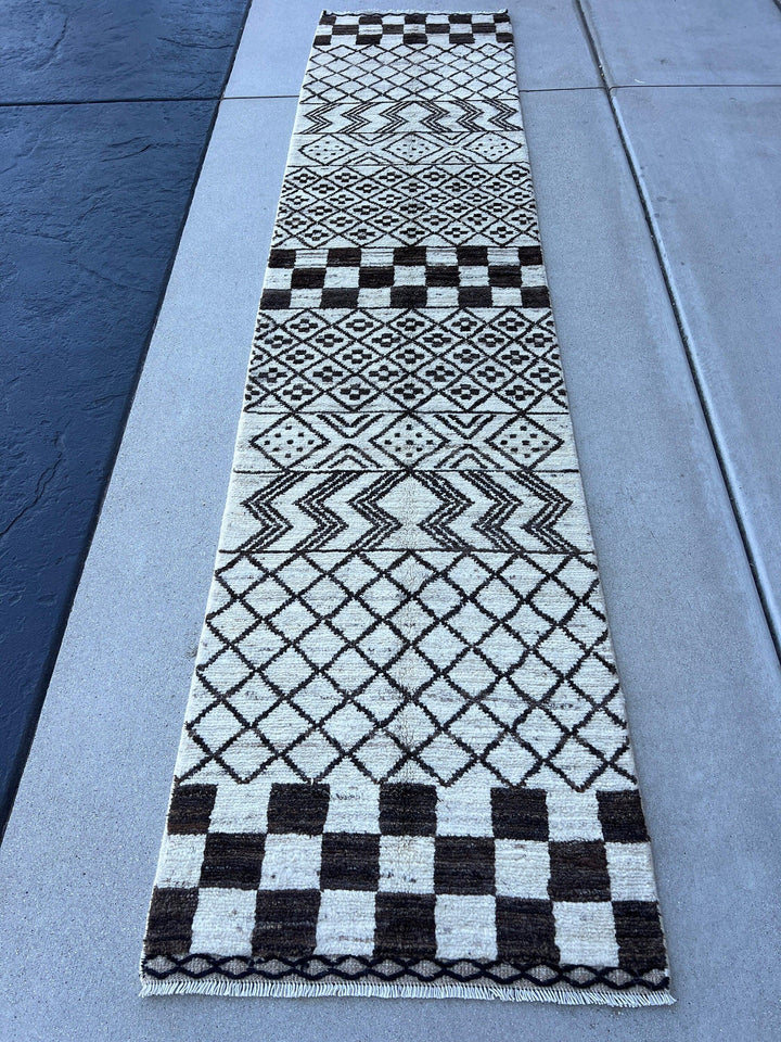 2X10 - 3X10 Handmade Afghan Moroccan Rug Runner | Cream Ivory Black | Berber Beni Ourain Wool Woolen Boho Bohemian Tribal Traditional Modern