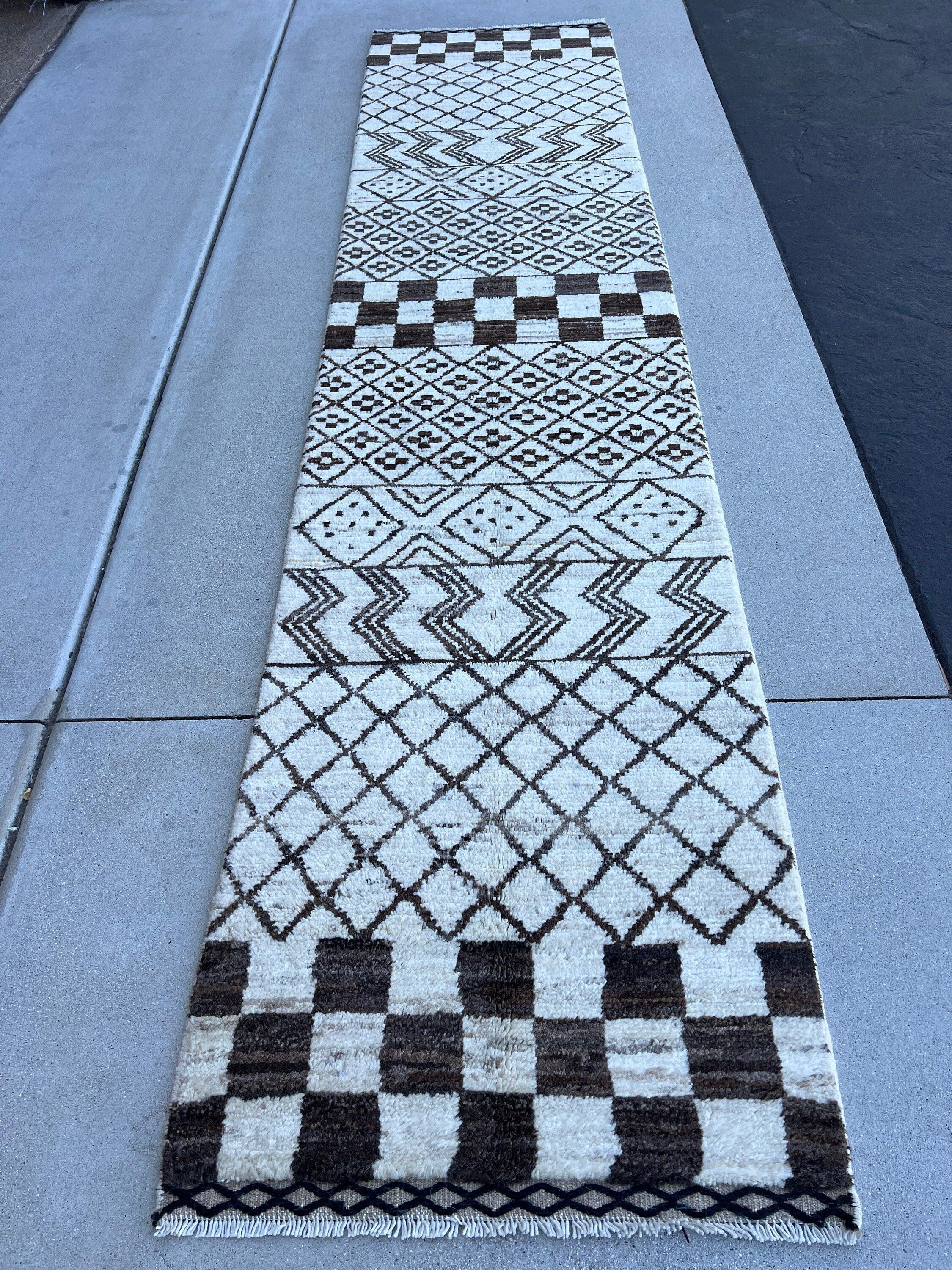 2X10 - 3X10 Handmade Afghan Moroccan Rug Runner | Cream Ivory Black | Berber Beni Ourain Wool Woolen Boho Bohemian Tribal Traditional Modern
