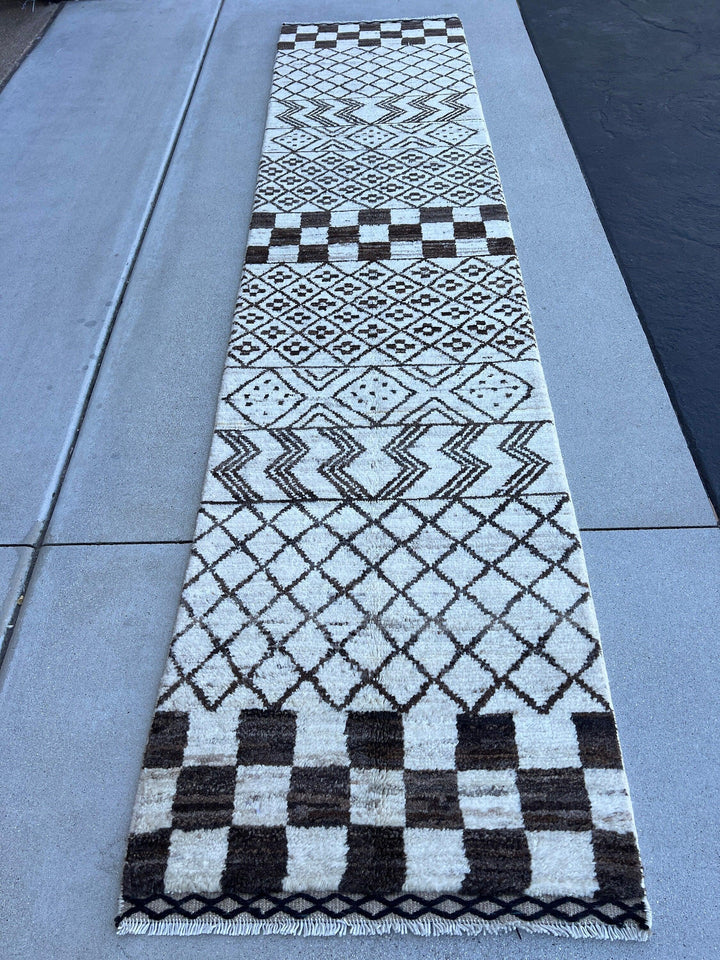 2X10 - 3X10 Handmade Afghan Moroccan Rug Runner | Cream Ivory Black | Berber Beni Ourain Wool Woolen Boho Bohemian Tribal Traditional Modern
