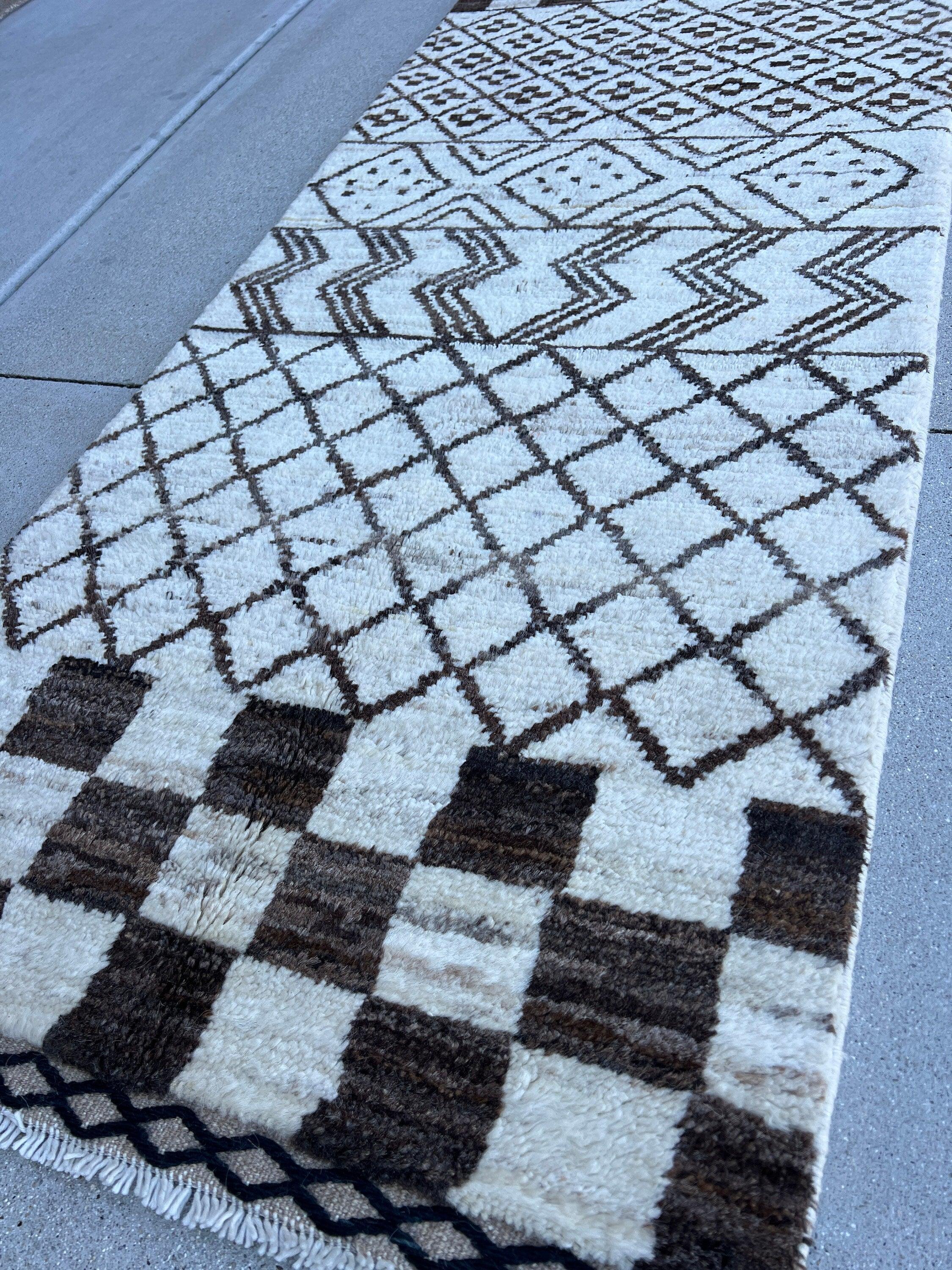 2X10 - 3X10 Handmade Afghan Moroccan Rug Runner | Cream Ivory Black | Berber Beni Ourain Wool Woolen Boho Bohemian Tribal Traditional Modern