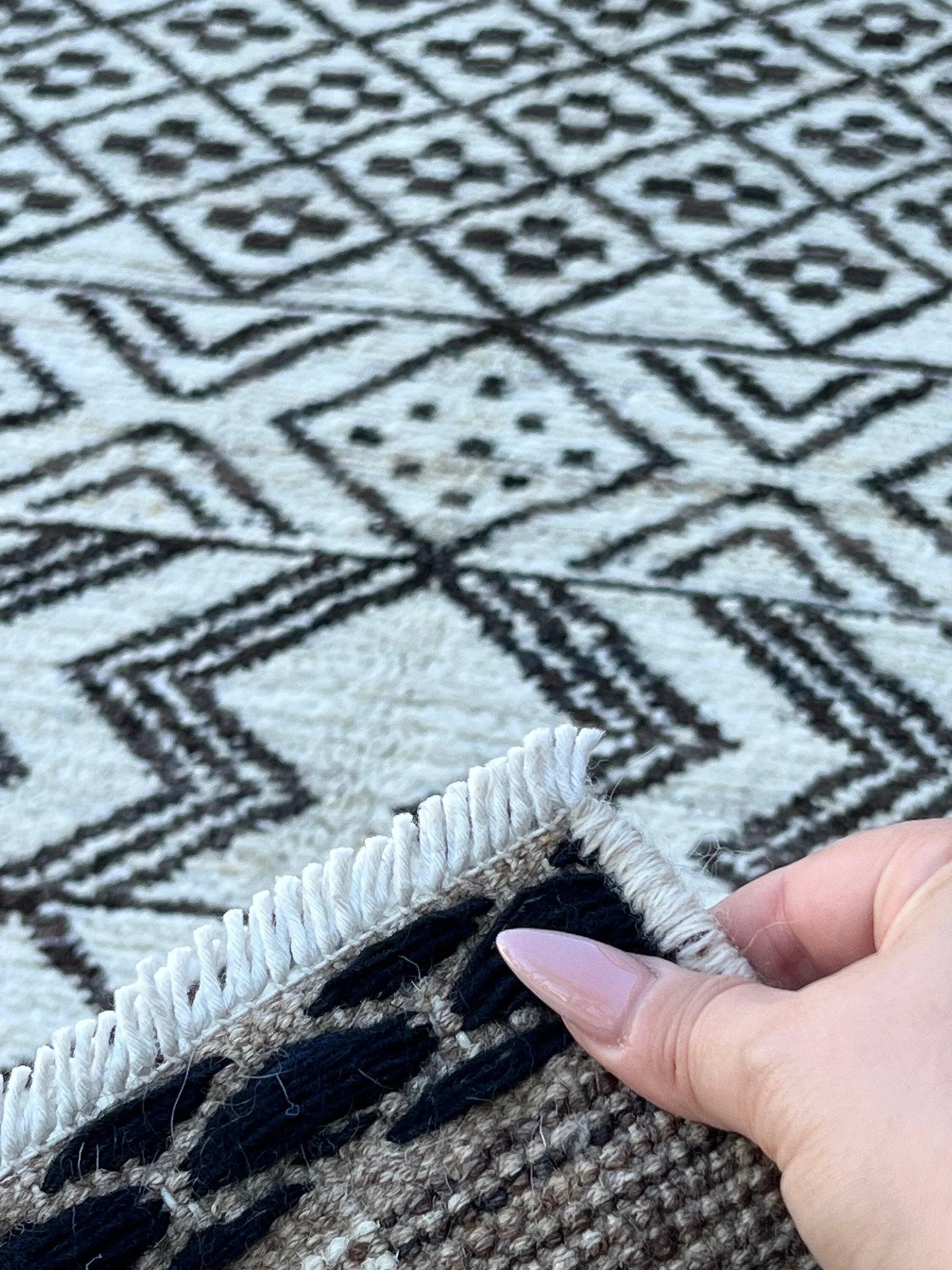 2X10 - 3X10 Handmade Afghan Moroccan Rug Runner | Cream Ivory Black | Berber Beni Ourain Wool Woolen Boho Bohemian Tribal Traditional Modern