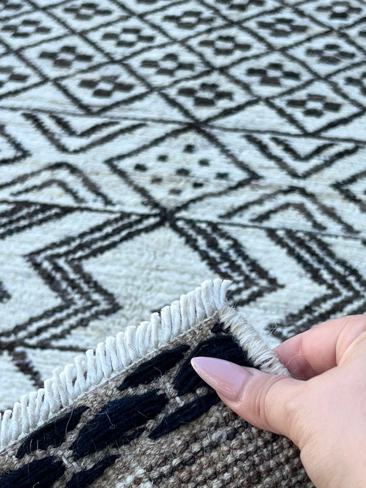 2X10 - 3X10 Handmade Afghan Moroccan Rug Runner | Cream Ivory Black | Berber Beni Ourain Wool Woolen Boho Bohemian Tribal Traditional Modern