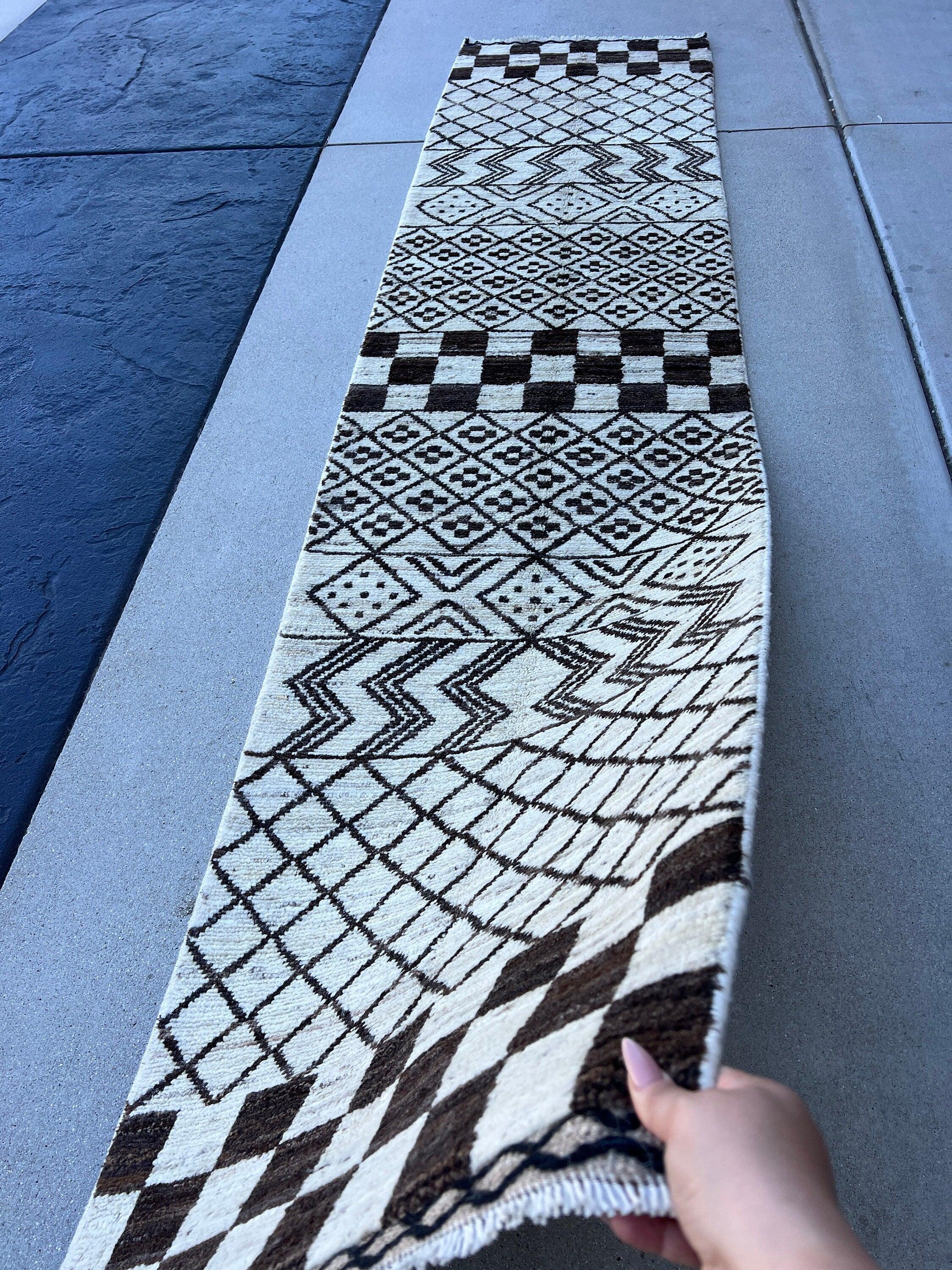 2X10 - 3X10 Handmade Afghan Moroccan Rug Runner | Cream Ivory Black | Berber Beni Ourain Wool Woolen Boho Bohemian Tribal Traditional Modern
