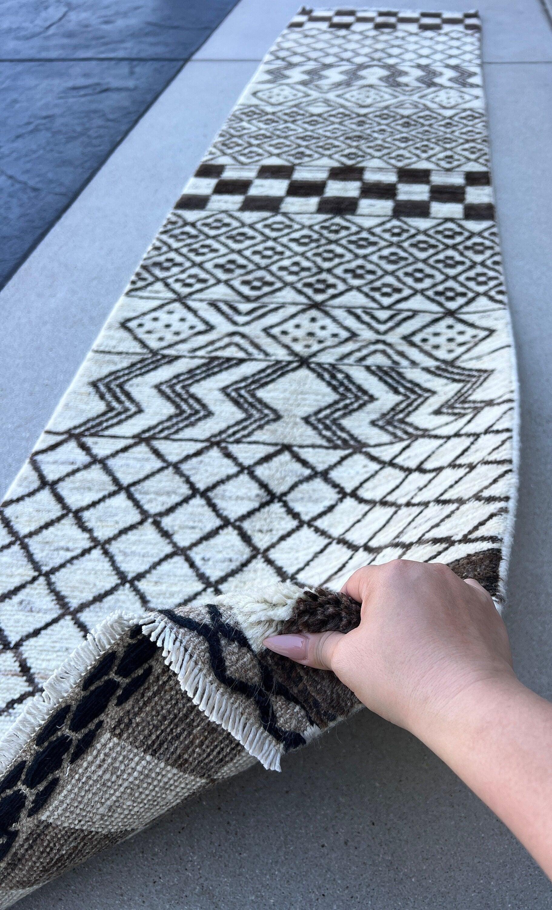 2X10 - 3X10 Handmade Afghan Moroccan Rug Runner | Cream Ivory Black | Berber Beni Ourain Wool Woolen Boho Bohemian Tribal Traditional Modern