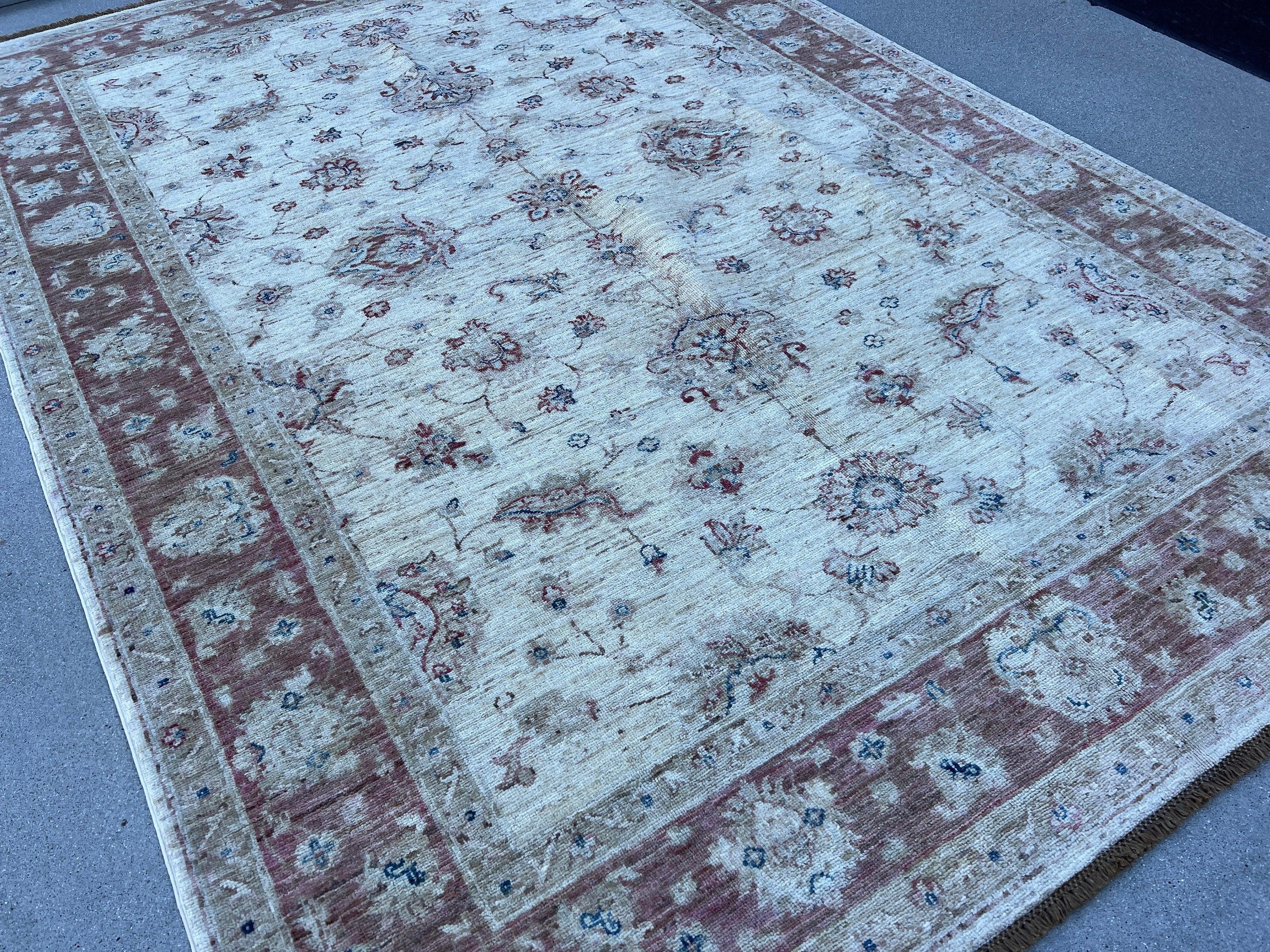 6x8 (180x245) Handmade Afghan Rug | Muted Brown Cream Beige Gold Ivory Dirty White Light Brown Blue | Turkish Oushak Persian Heriz Serapi