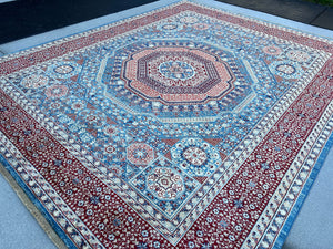 8x11 (245x340) Fair Trade Handmade Afghan Rug | Crimson Red Blue Beige Grey Ivory Cream Light Brown Brick Red | Boho Oushak Persian Oriental
