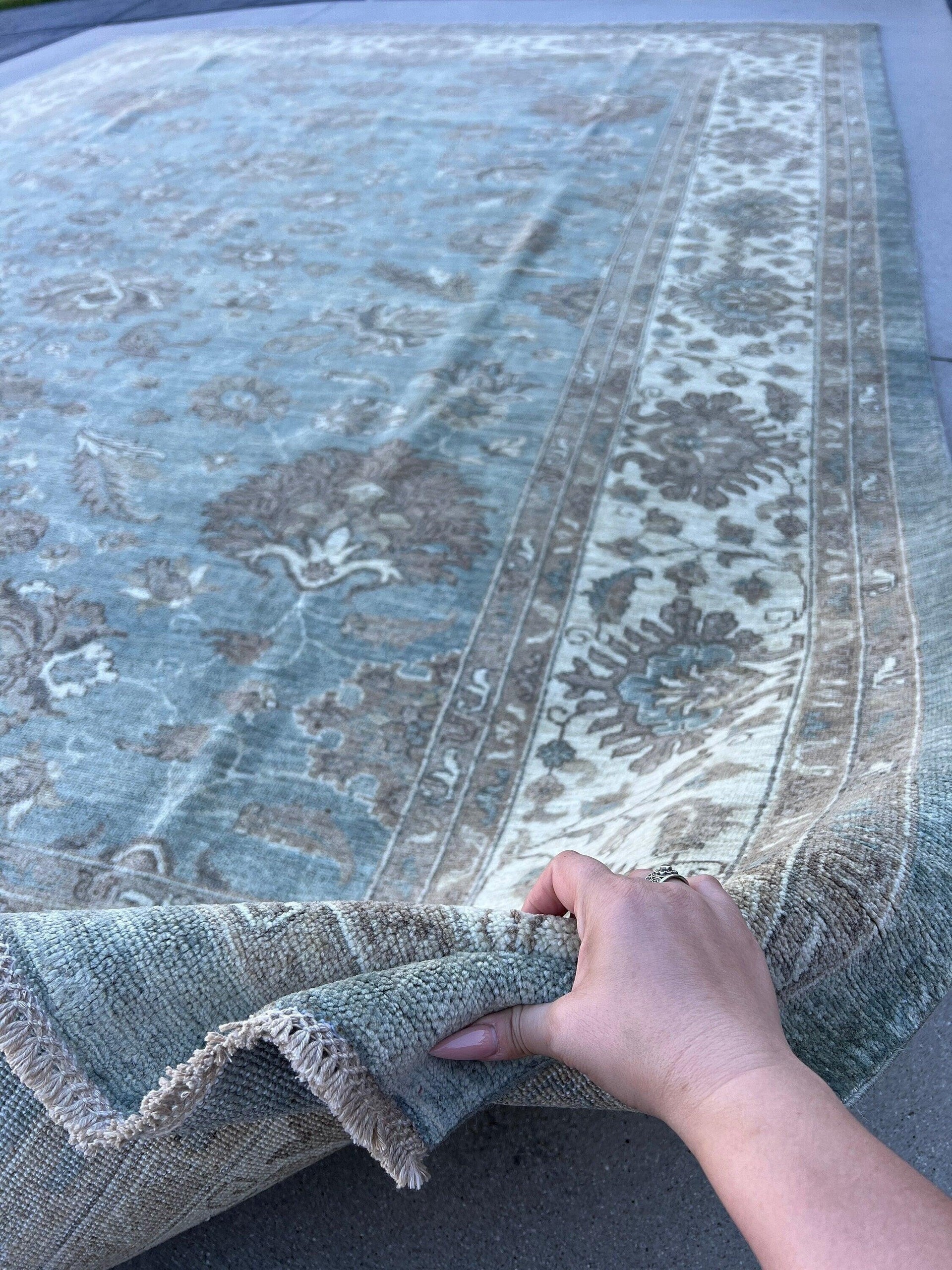 10x14 Fair Trade Handmade Afghan Rug | Muted Neutral Teal Blue Cream Beige Ivory Dirty White | Turkish Oushak Persian Heriz Serapi Floral