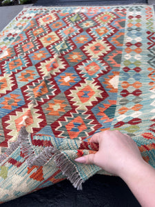 4x6 (150x180) Handmade Afghan Kilim Rug | Wine Blood Red Denim Blue Orange Mint Green Teal Olive Green Coral Orange Sky Blue Geometric Wool