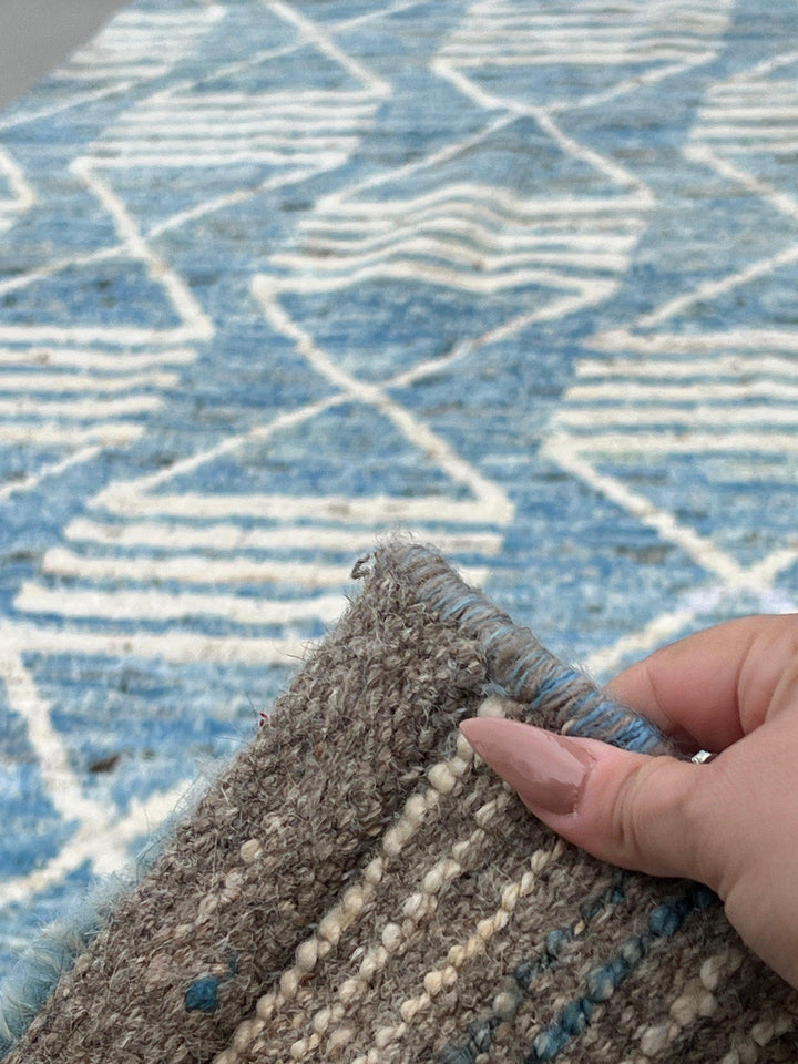 4x19 Handmade Afghan Moroccan Rug | Blue Cream Ivory Grey Brown | Berber Beni Ourain Mrirt Boujad Flokati Wool Hallway Stairs Entryway