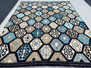 9x11 - 9x12 Handmade Afghan Kilim Rug | Black Beige Greige Nude Aqua Sky Blue | Flatweave Flatwoven Wool Turkish Oushak Persian Geometric