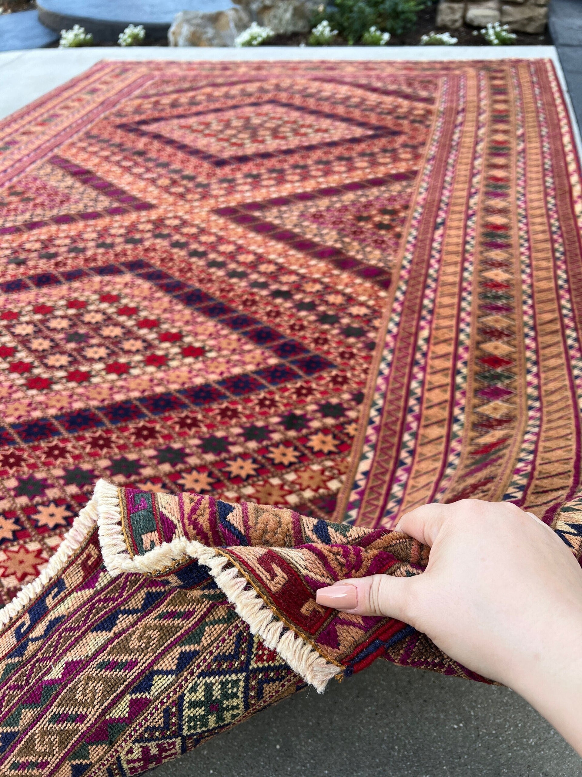 6x9 (180x275) Handmade Vintage Baluch Afghan Rug | Magenta Crimson Red Moss Green Cherry Red Caramel Midnight Blue Pine Green | Hand Knotted