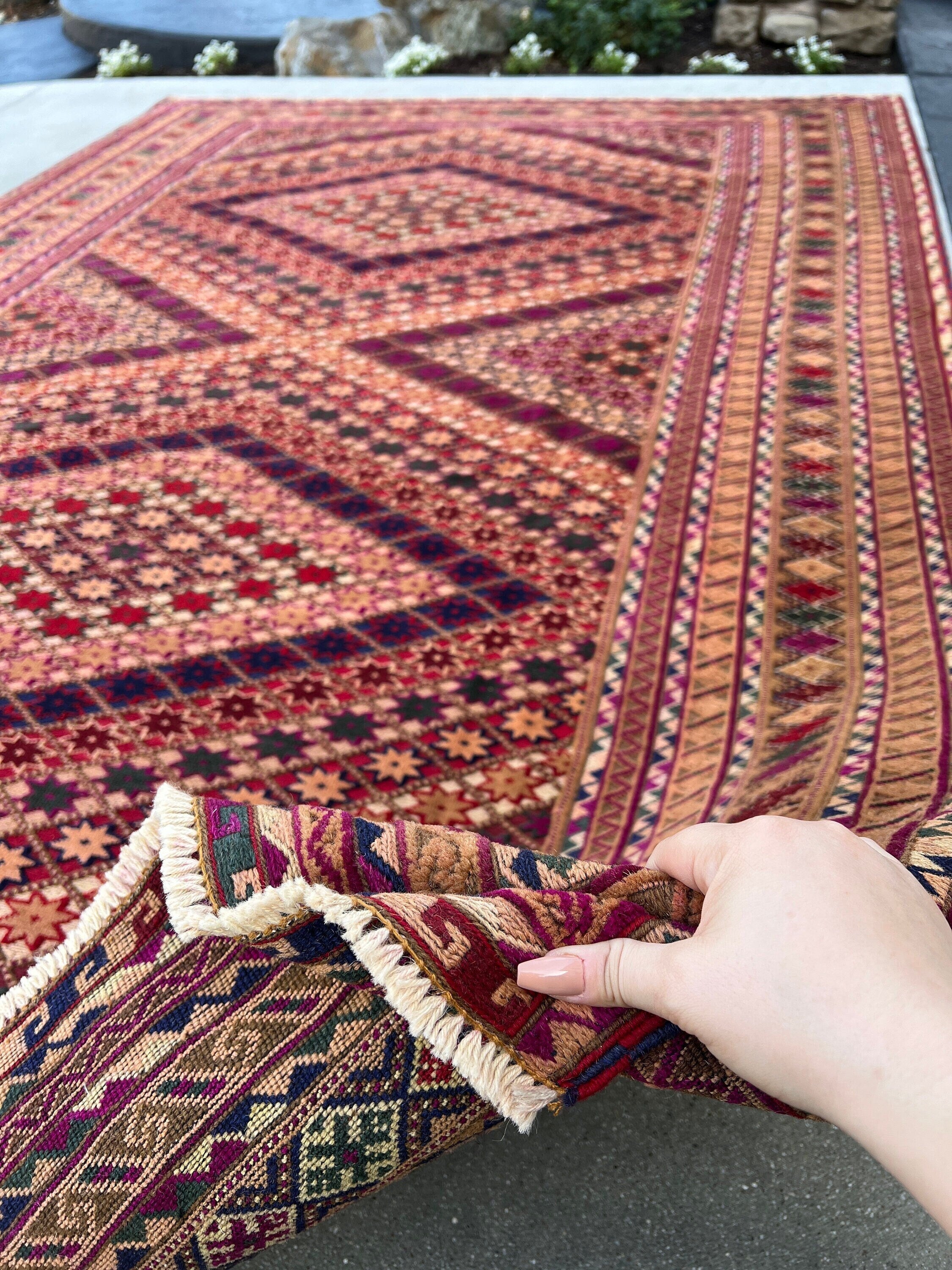 6x9 (180x275) Handmade Vintage Baluch Afghan Rug | Magenta Crimson Red Moss Green Cherry Red Caramel Midnight Blue Pine Green | Hand Knotted