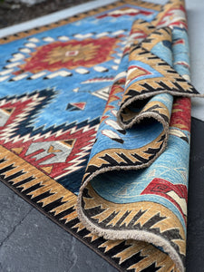 5x7 (150x215) Fair Trade Handmade Afghan Rug | Sky Ocean Blue Ivory White Caramel Brown Black Red | Hand Knotted Tribal Oriental Persian