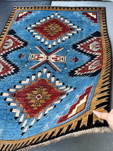5x7 (150x215) Fair Trade Handmade Afghan Rug | Sky Ocean Blue Ivory White Caramel Brown Black Red | Hand Knotted Tribal Oriental Persian