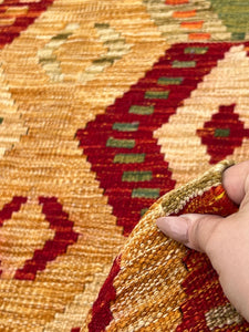 10x17 Handmade Afghan Kilim Rug | Caramel Brown Burnt Orange Olive Green Beige | Flatweave Flatwoven Wool Turkish Oushak Persian Geometric