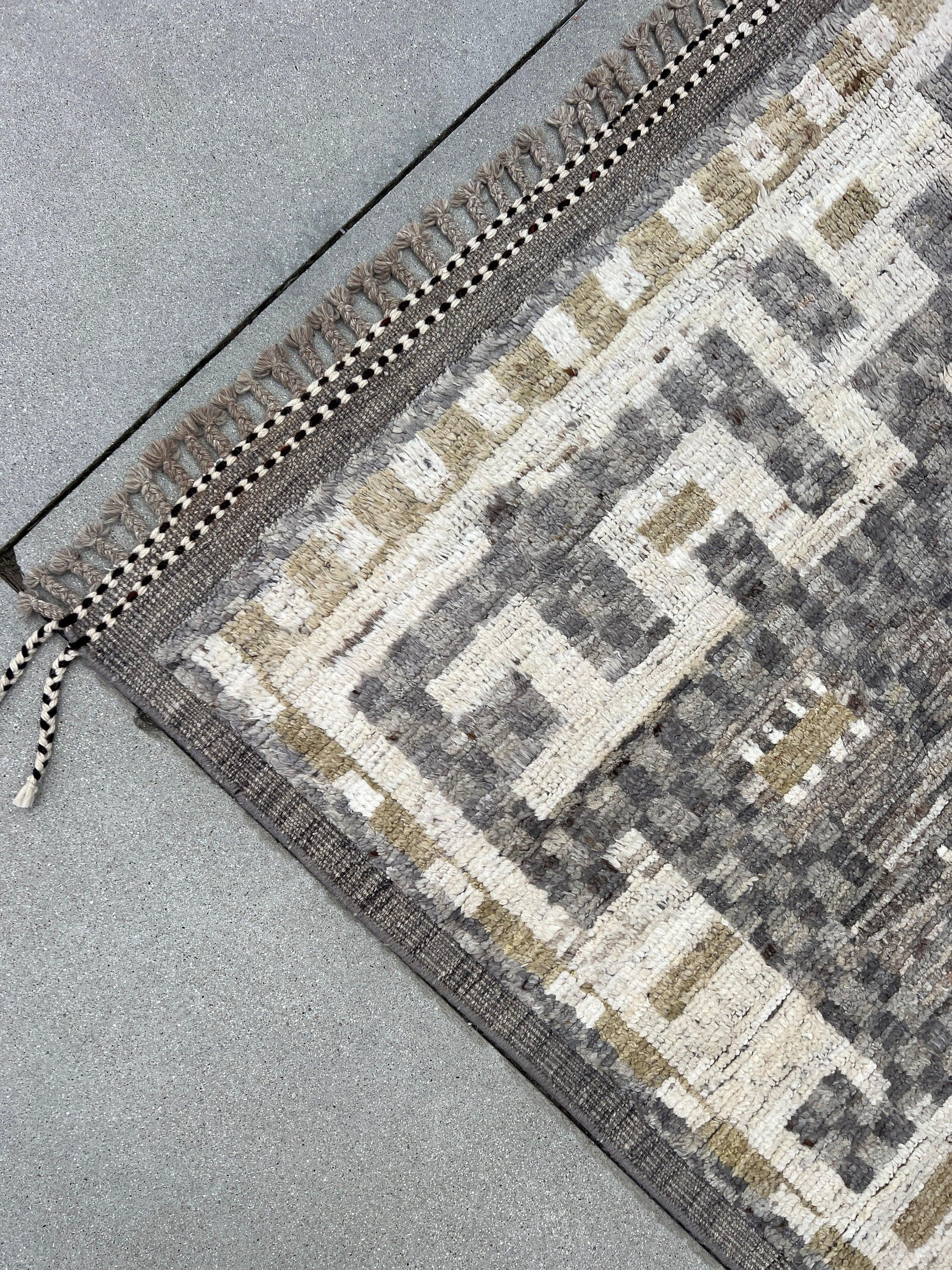 7x10 Handmade Afghan Moroccan Rug | Neutral Grey Gray White Ivory Olive Green Black | Berber Beni Wool Oushak Turkish Wool Persian Shag