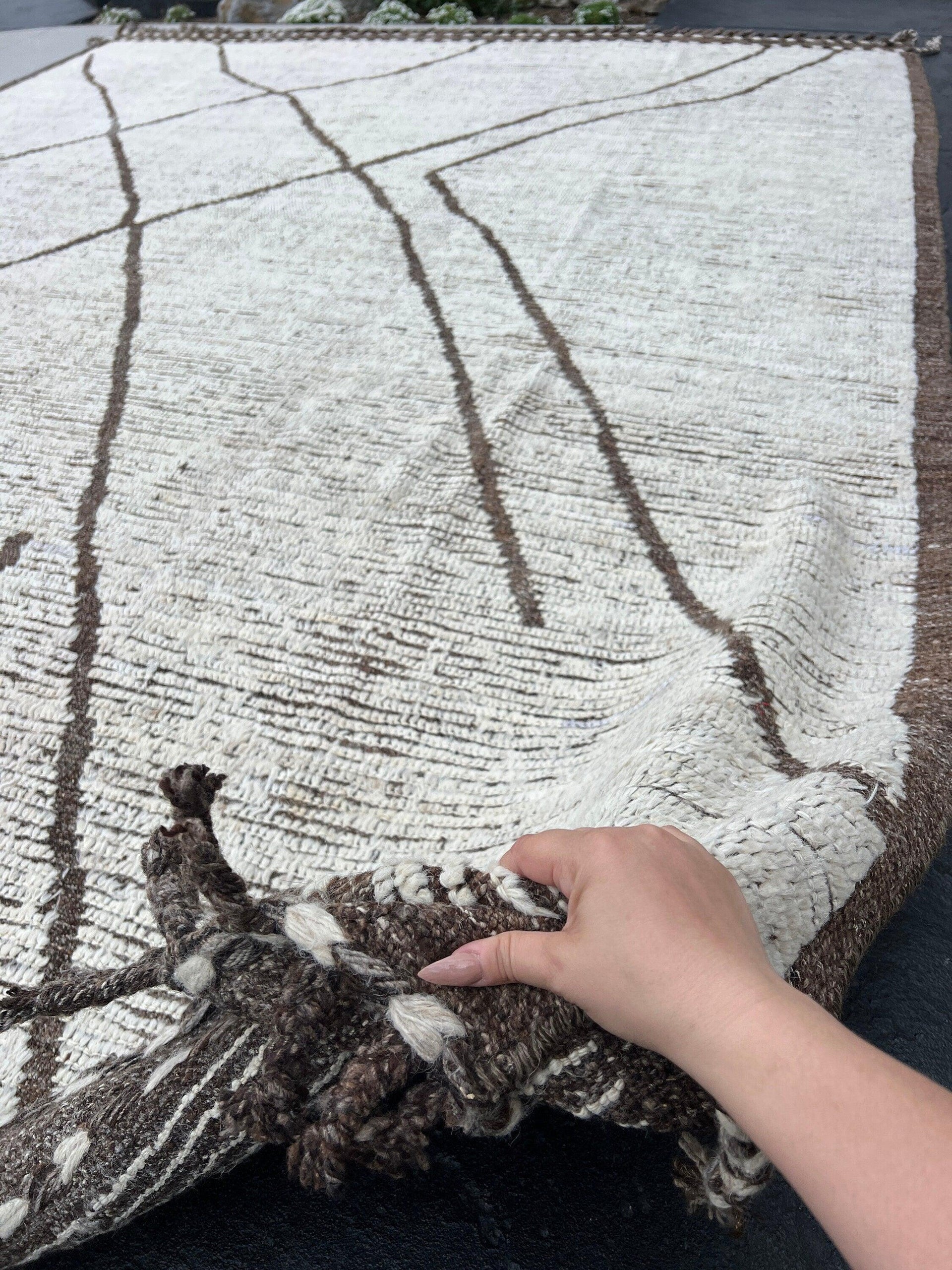 9x13 Handmade Afghan Moroccan Rug | Free Rug Pad | Neutral Cream Ivory Dark Coffee Brown Berber Beni Ourain Turkish Oushak Wool Plush Woolen