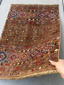 3x4 (90x120) Fair Trade Handmade Afghan Rug | Chocolate Brown Red Orange Blue Ivory White Cream Teal Peach Green | Hand Knotted Wool Persian