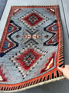 3x5 Fair Trade Handmade Afghan Rug | Grey Burnt Orange Red Denim Navy Blue Black Beige Cream | Turkish Persian Wool Hand Knotted Boho Serapi