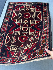 3x4 (90x120) Handmade Vintage Baluch Afghan Rug | Navy Blue Red Maroon Ivory Dirty White Chocolate Brown | Nomadic Baluch Boho Bohemian